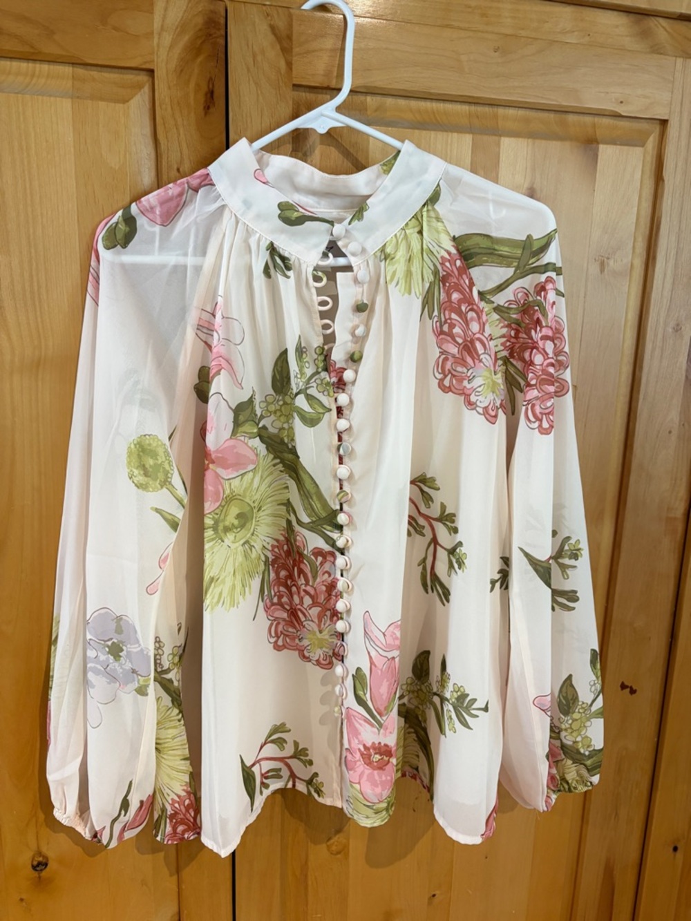Petal & Pup Cream Floral Button-Front Chiffon Blouse with Pink and Green Accents